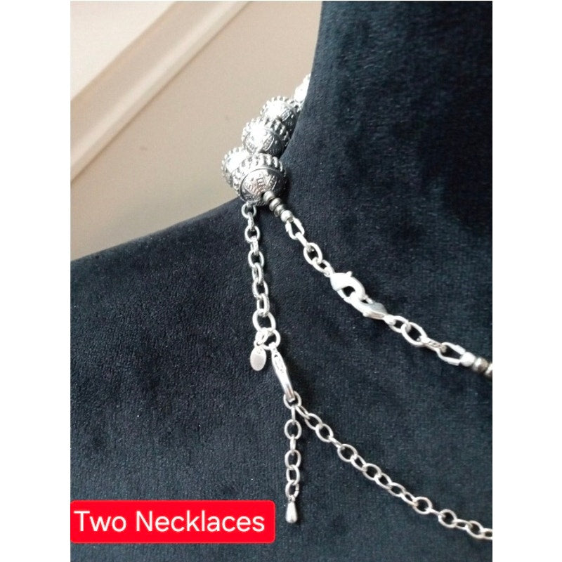 Vintage Silver Tone Ribbed Bead Double Strand Statement Necklaces- Set of Two