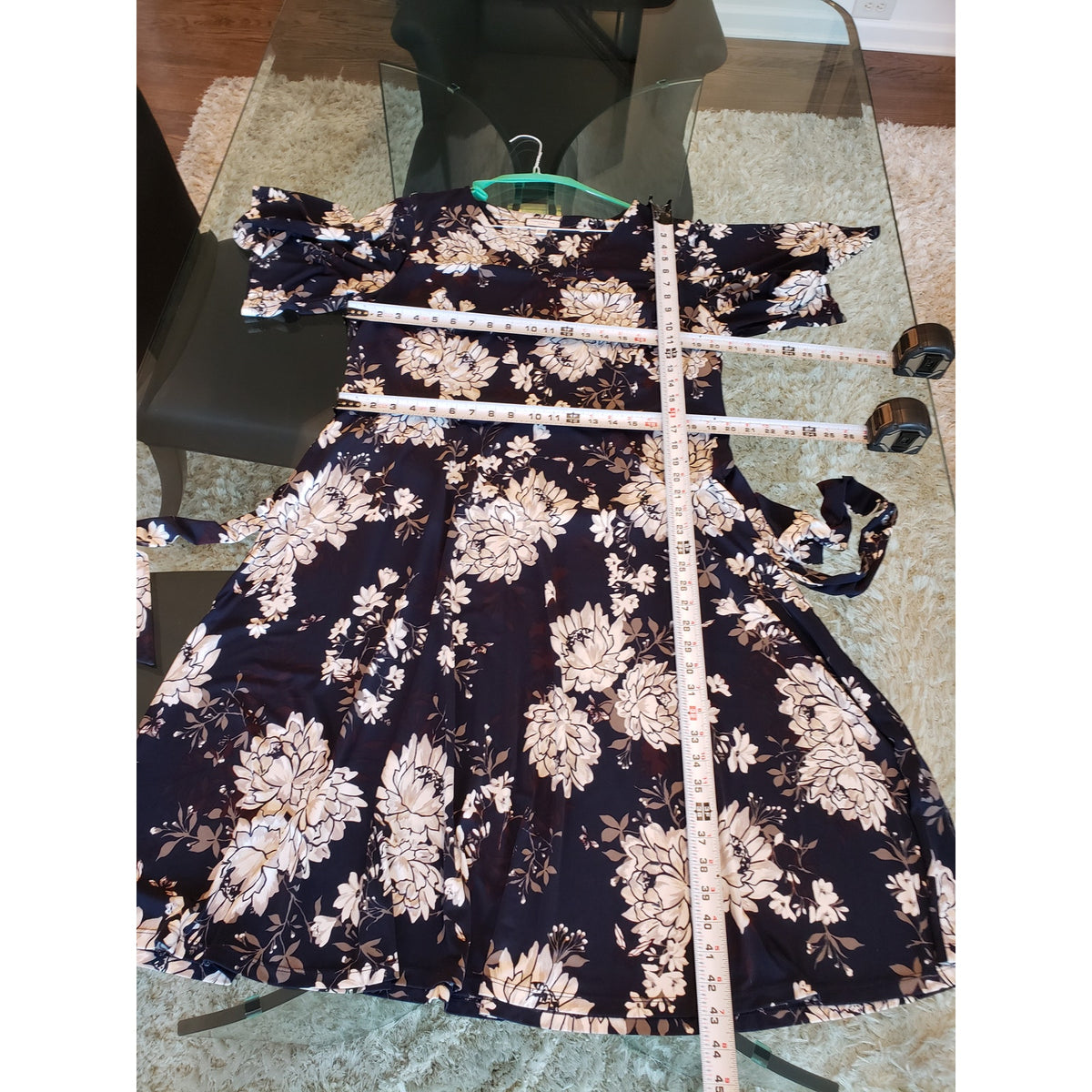 Charter Club Dress Women 1X Navy Blue Floral Belted Stretchy Midi V Neck