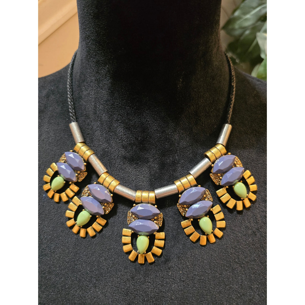 Women's J Crew Necklace Purple Green Stone Gold Tone Bib Pendant