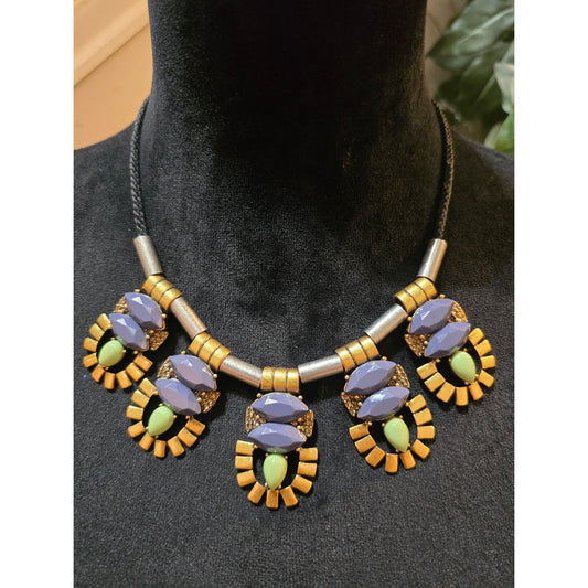 Women's J Crew Necklace Purple Green Stone Gold Tone Bib Pendant