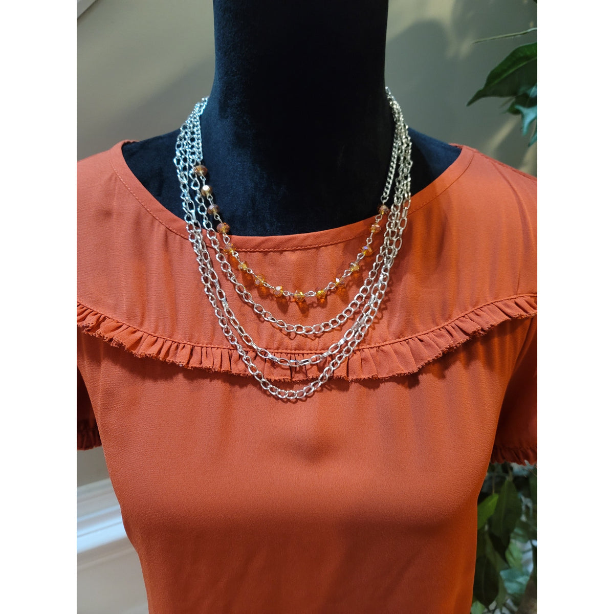 Loft Blouse Top Women's Medium Orange Gathered Ruffle Flutter Sleeve Boat Neck