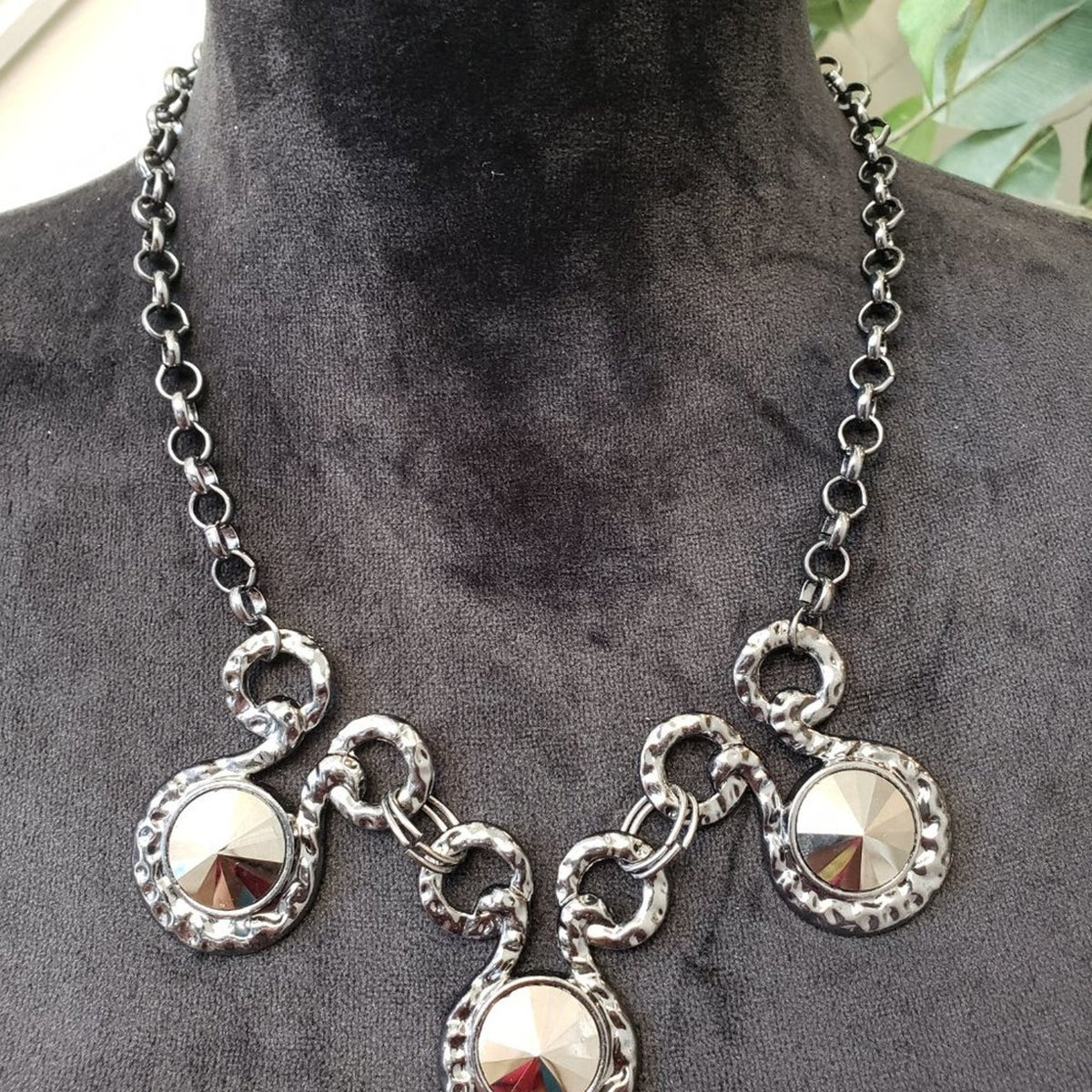 Womens Silver Three Dramatically Oil Spill Rhinestones Bib Necklace