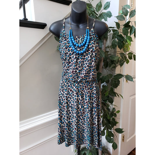 Nine & Co. Flare Dress Women 4 Multi Leopard Print Pleated Sleeveless Round Neck
