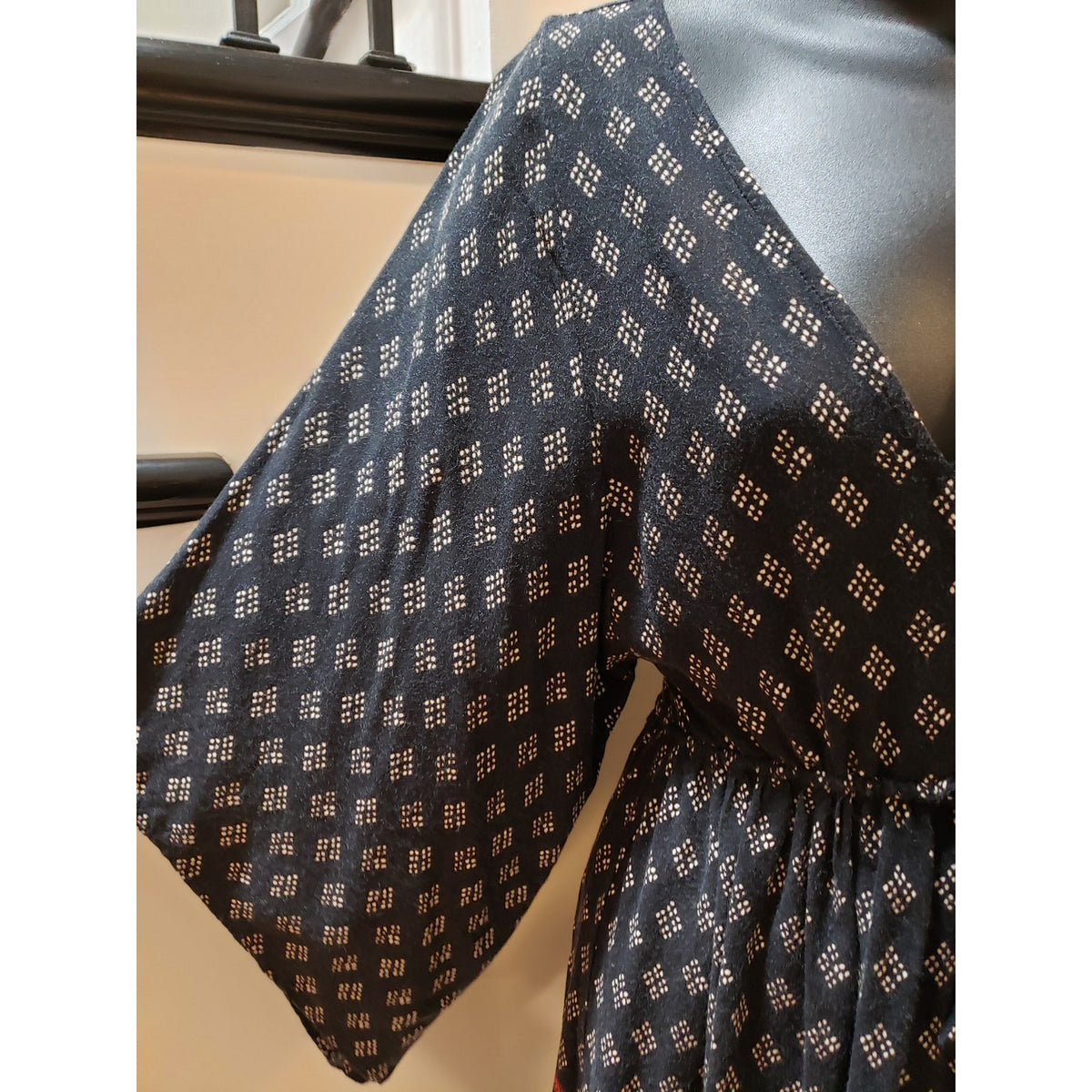 Abercrombie & Fitch Boho Mini Dress Womens XS Blue Argyle Tie Waist 3/4 Sleeve