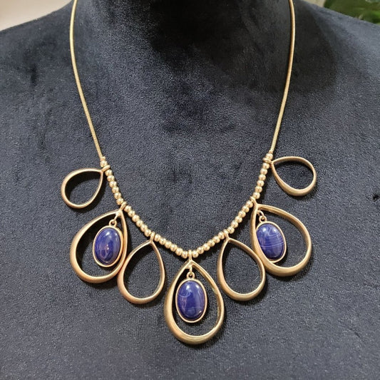 Womens Fashion Blue Color Faceted Gemstone Gold Tone Beaded Statement Necklace