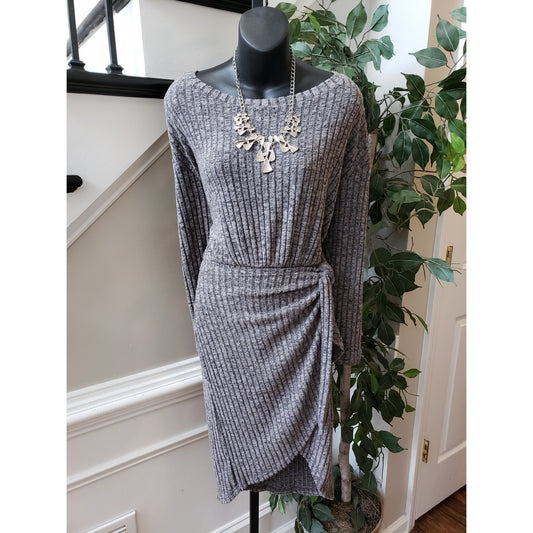 SHEIN Sweater Dress Womens Medium Gray Ribbed Knot Waist Wrap Front Boat Neck