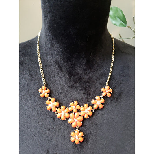 Women's Orange Flower Statement Necklace Lobster Clasp Gold Tone Sparkly Bold
