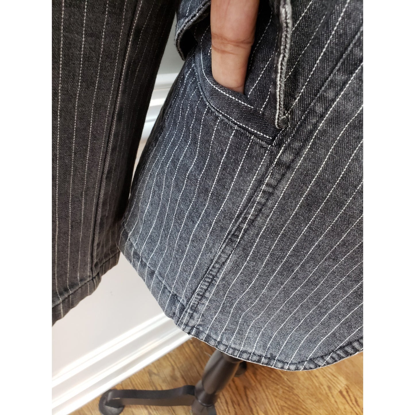 Carlo's Denims Blazer Jacket Women Small Gray Striped Peak Lapel Single Breasted