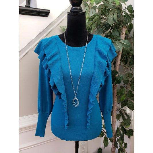 New York & Company Womens Blue Ruffle Rayon Round Neck Long Sleeve Sweater Small