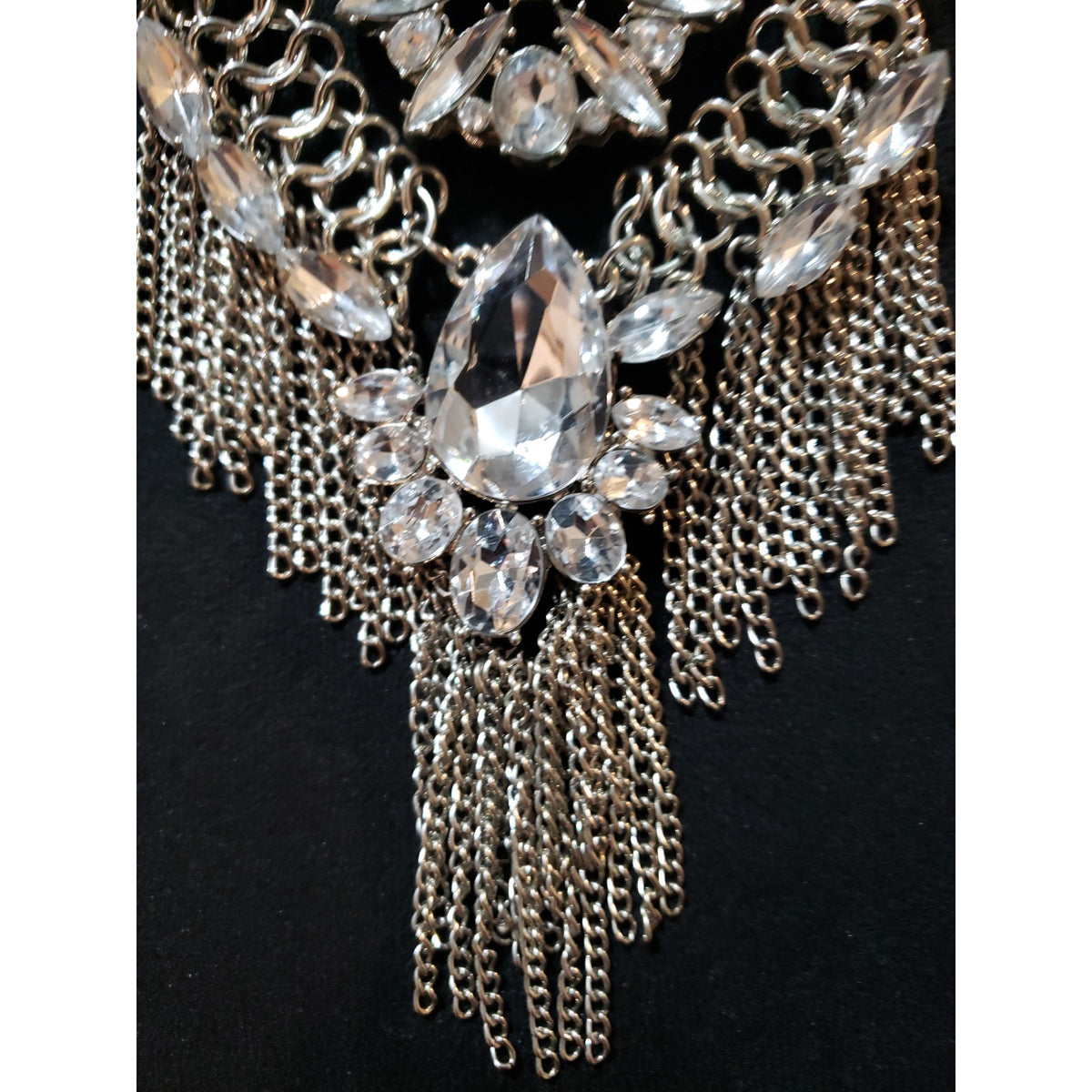 Womens Fashion Ethnic Chunky Crystals Sweater Chain Tassel Statement Necklace