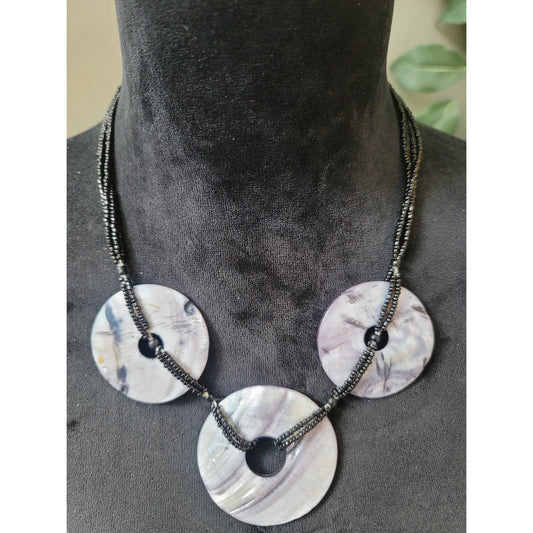 Womens Black Beaded Shell Disc Necklace Lobster Clasp Statement Jewelry