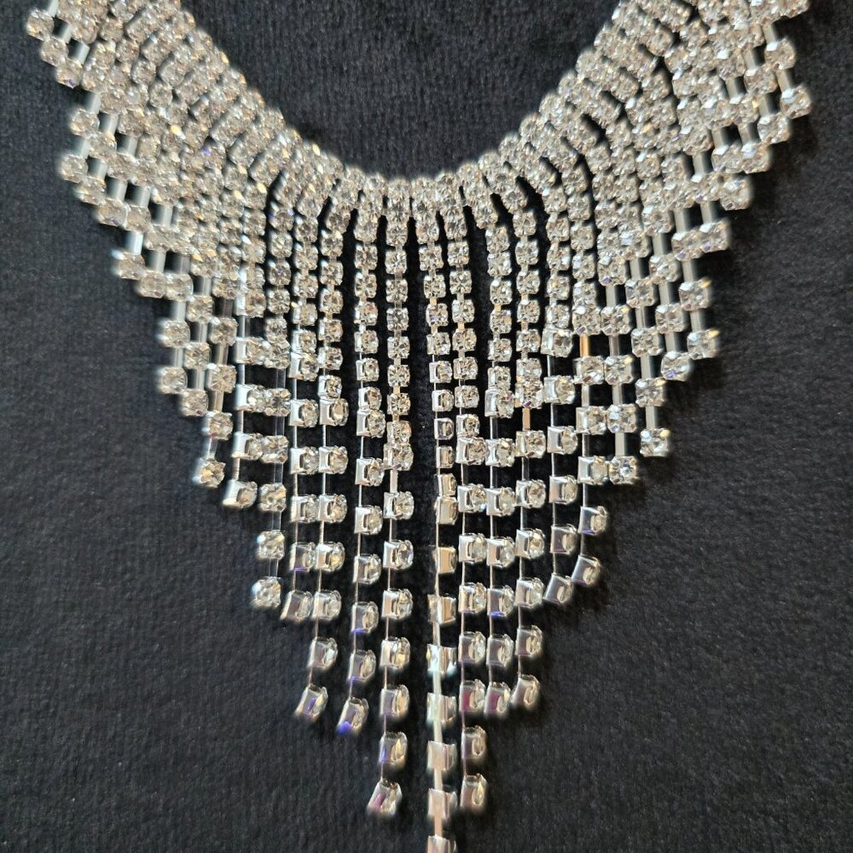 Women's Bling Silver Base Inlaid Rhinestone Drop Tassel Bib Statement Necklace