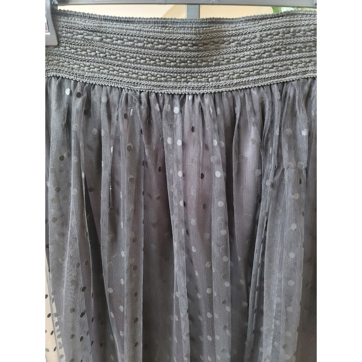 Metro Wear A-Line Skirt Women's Medium Black Polka Dot Tiered Sheer Smocked