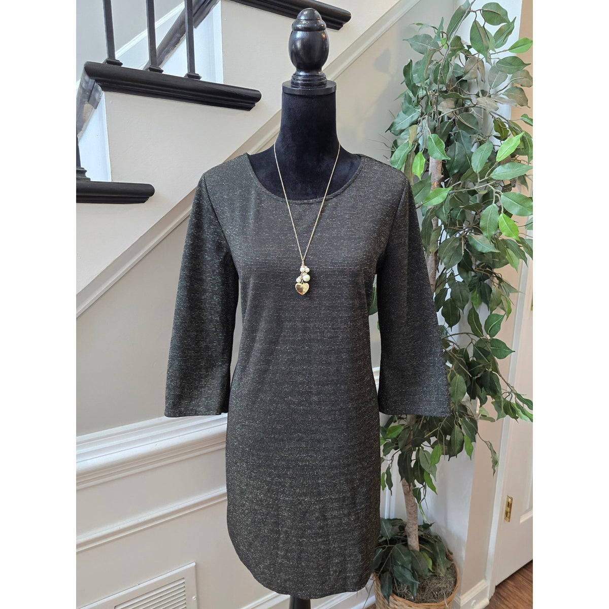 Tacera Shift Dress PXL Olive Green Stretch Scoop 3/4 Sleeve Casual Curved Hem