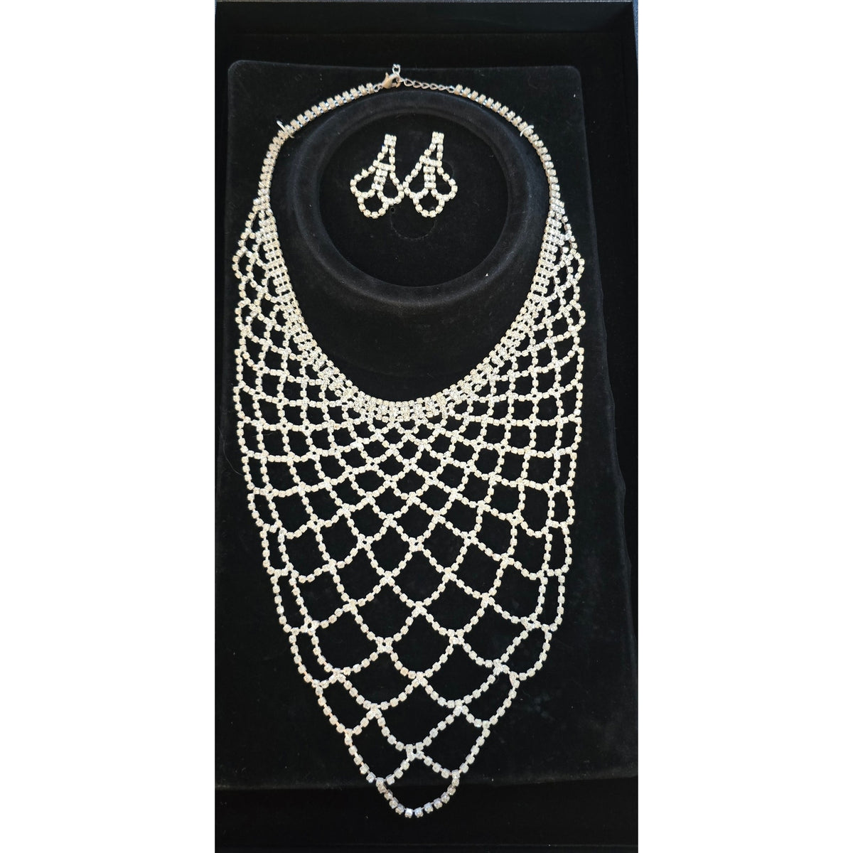 Silver Rhinestone Crystal Draped Bib Necklace Earrings Set Bridal Formal
