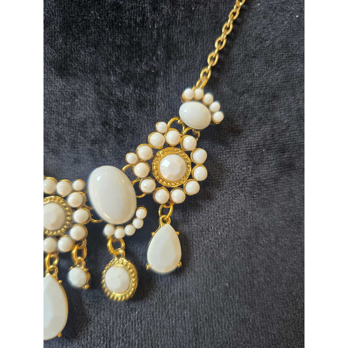 Gold Tone Ivory Pearl Rhinestone Teardrop Bib Statement Necklace