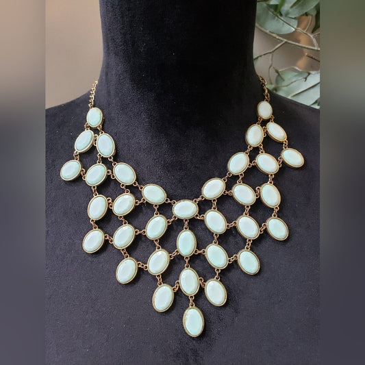 Women Fashion Mint Green Gradient Oval Cabochon Cascading Bib Statement Necklace