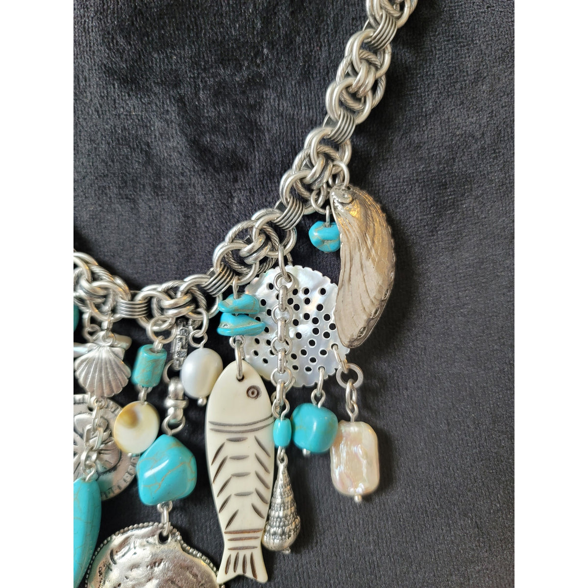 Chico's Women's Silver Tone Charm Necklace With Toggle Lock Fish Shell Beads