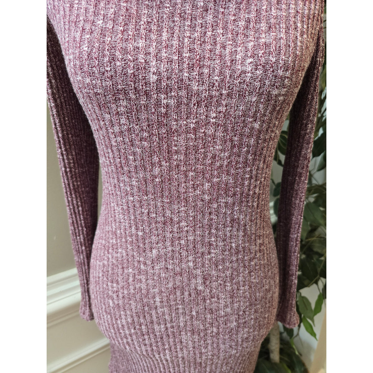 Love Kuza Sweater Dress M Mauve Ribbed Knit Cowl Neck Cold Shoulder Curved Hem