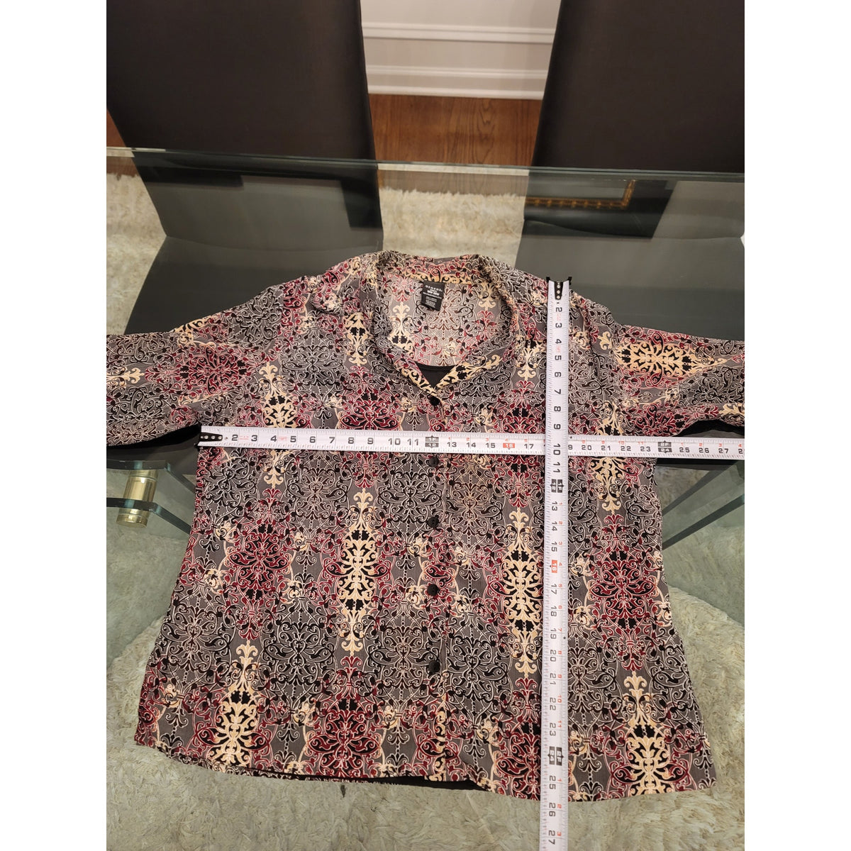 George Blouse Top Women's SZ 2X Multicolor Damask Button Up Collar Long Sleeves