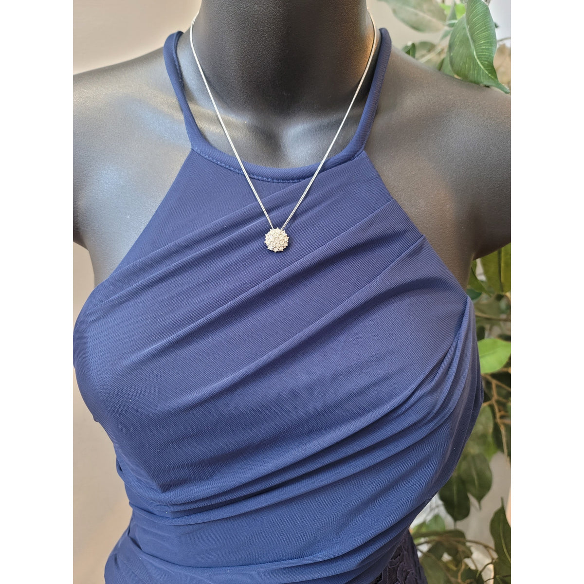 David's Bridal Maxi Dress Women's Size 2 Navy Blue 100% Polyester Halter Neck