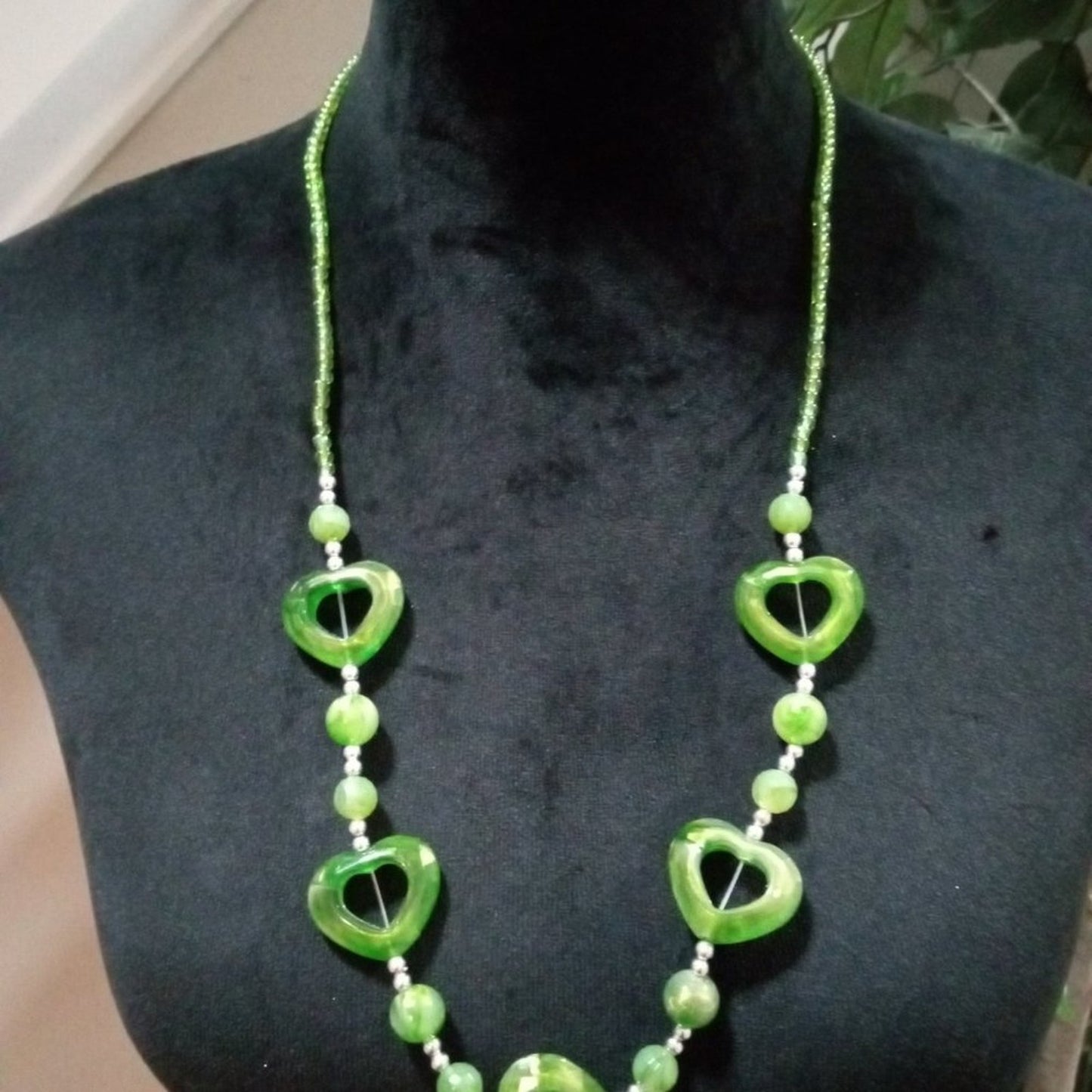 Womens Fashion Green Color Chunky Beaded Acrylic Heart Charm Long Necklace