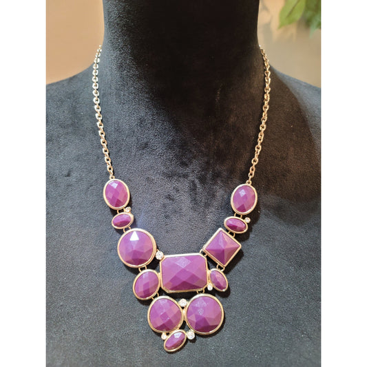 Women's Purple Statement Necklace With Faceted Stones Gold Tone Lobster ClaspArt