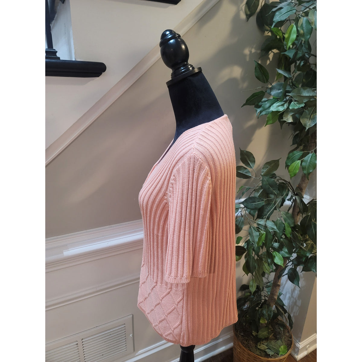 Van Heusen Cardigan Sweater Women Large Peach Ribbed Knit Button Up Short Sleeve