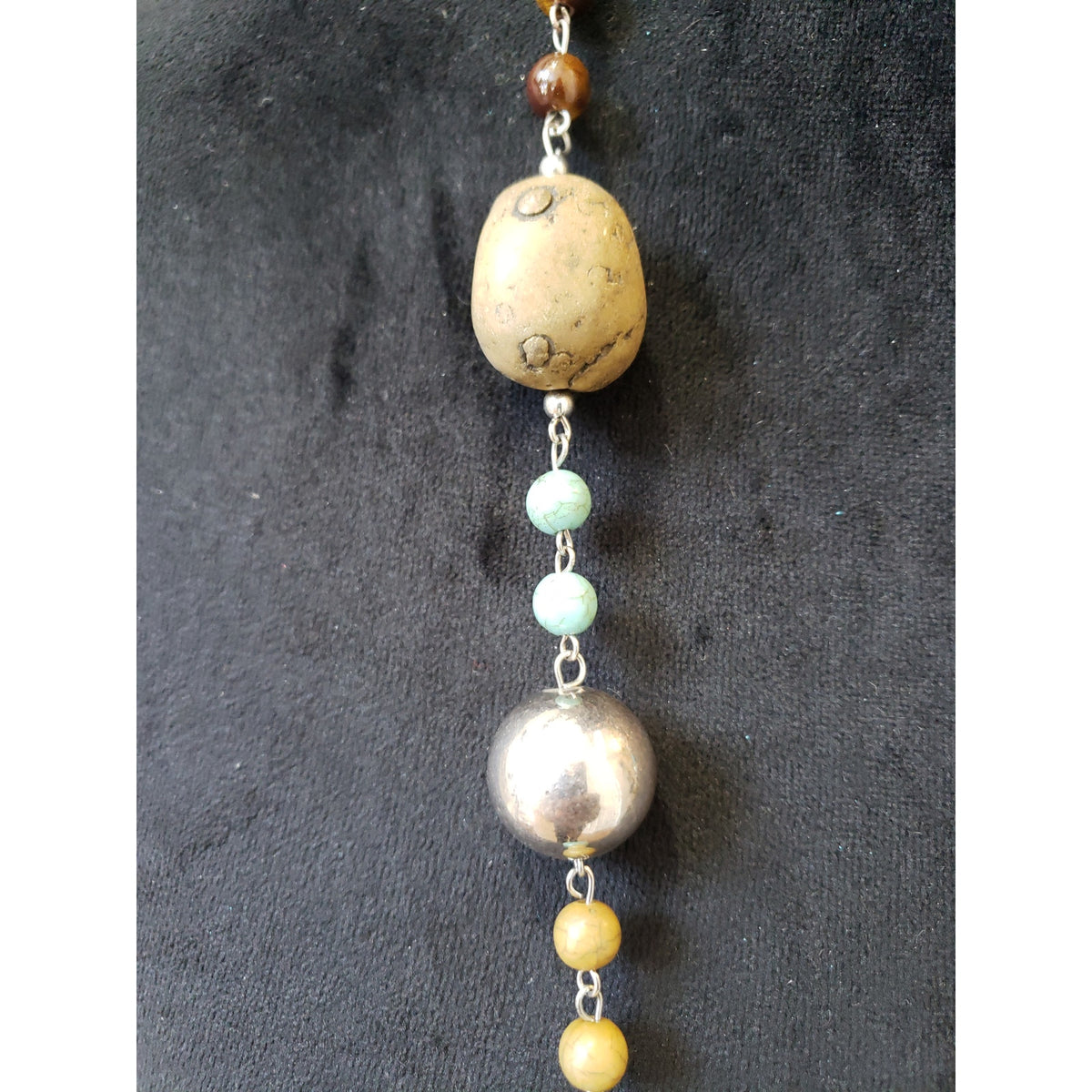 Women's Long Beaded Necklace with Turquoise and Earth-Tone Gemstone Accents