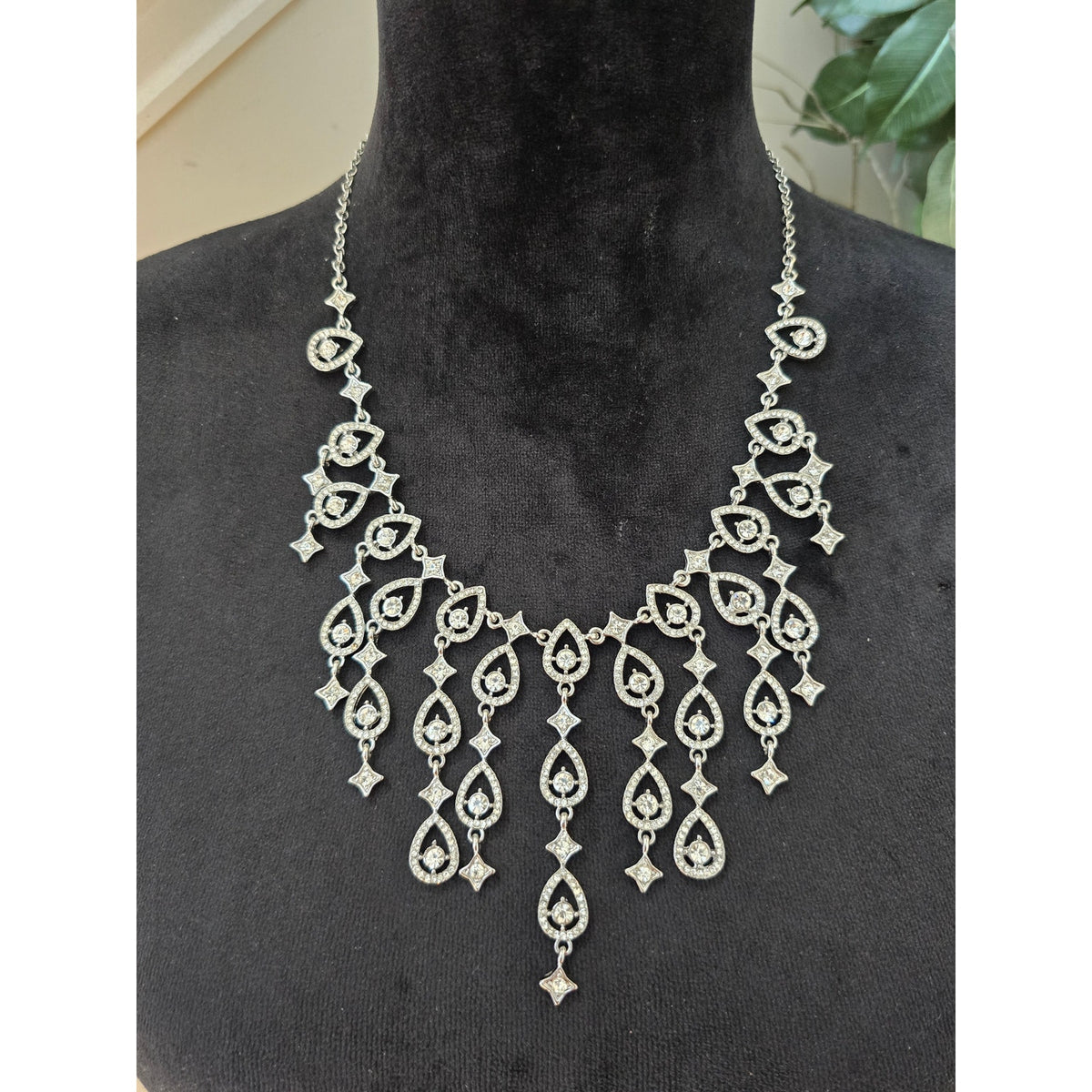 Charming Charlie Silver Tone Rhinestone Chandelier Bib Statement Necklace