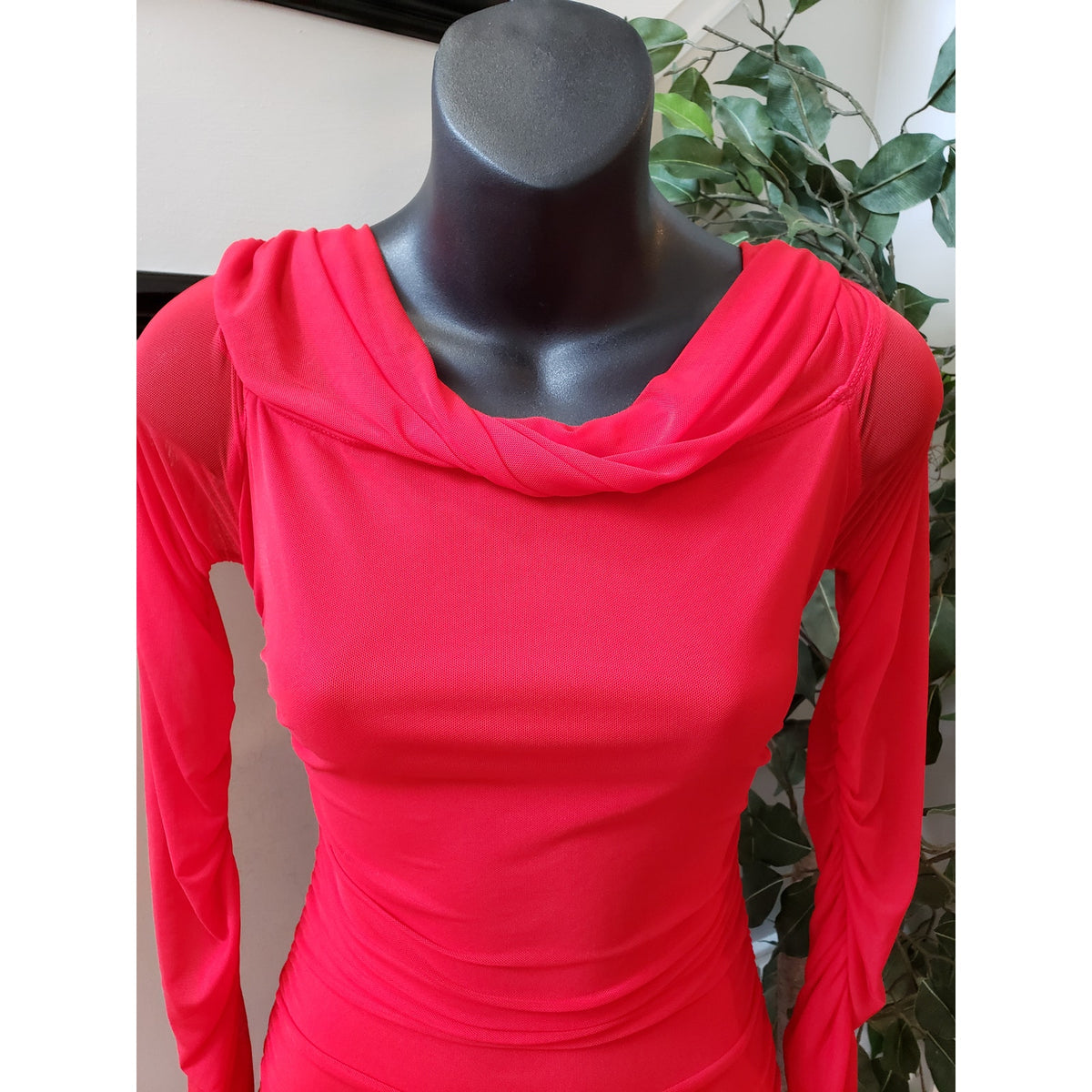 Fashion Nova Slinky Ruched Maxi Dress Womens S Red Cowl Neck Sheer Sleeve Lined