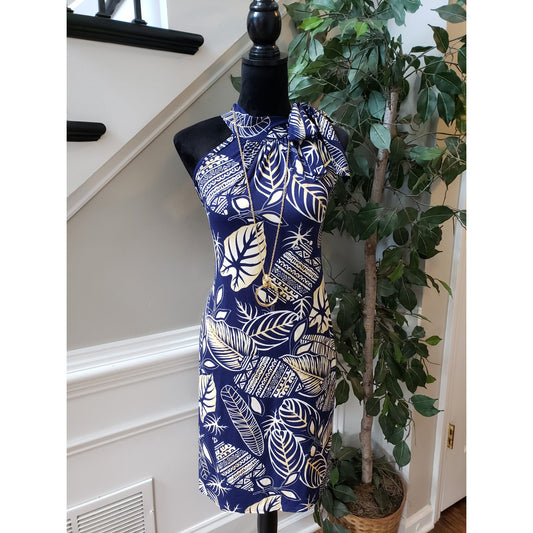Marianne Sheath Dress Women 1X Blue White Leaf Print Stretch Pleated Halter Neck