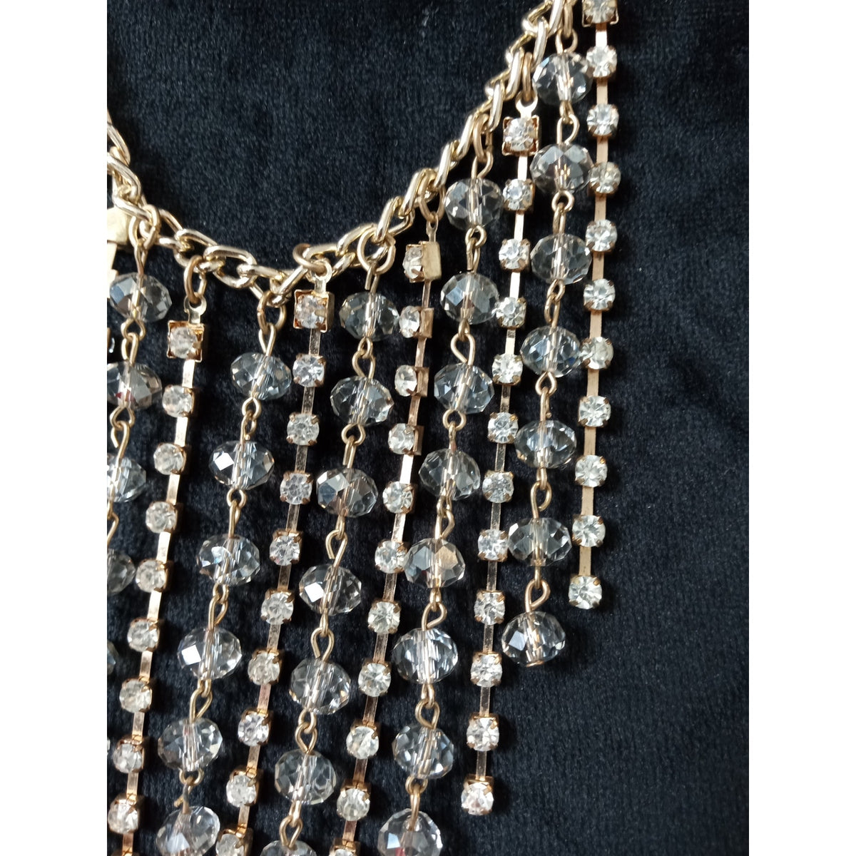 Gold Tone Rhinestone Crystal Fringe Bib Statement Necklace Glam Sparkle