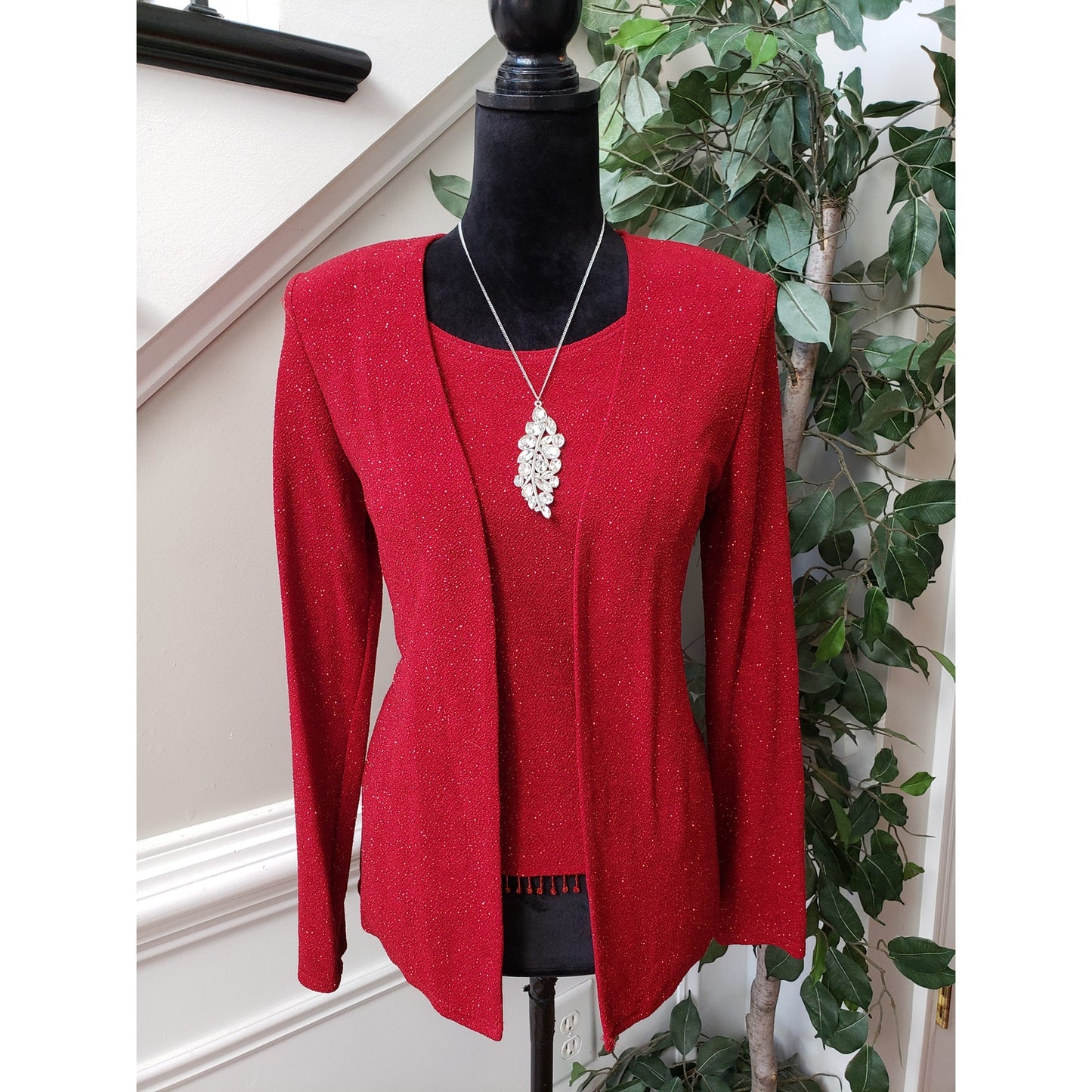 Dressbarn Cardigan Sweater Set Medium Red Sparkle Layer Shimmer Long Sleeve