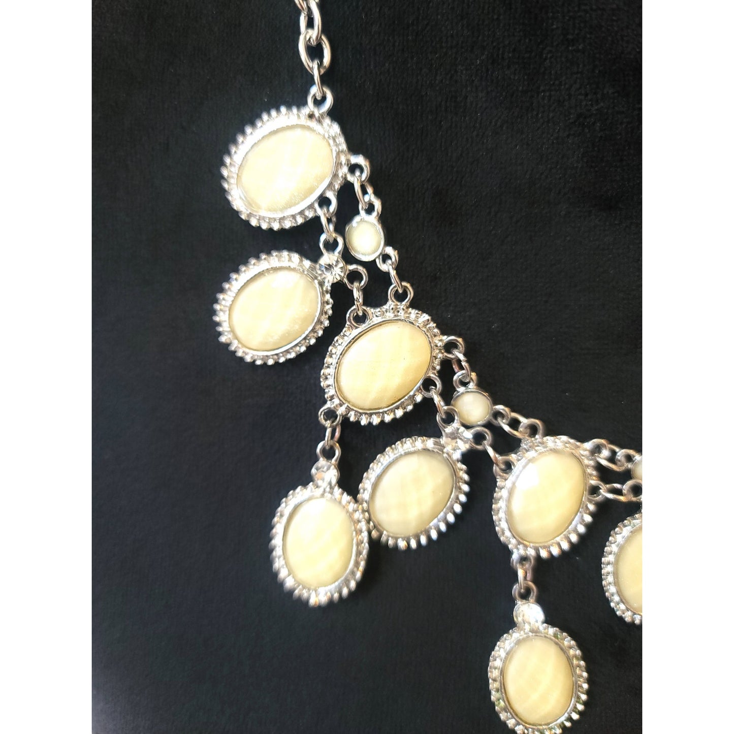 Women's Silver Tone Cream Oval Drop Bib Necklace Lobster Clasp Statement
