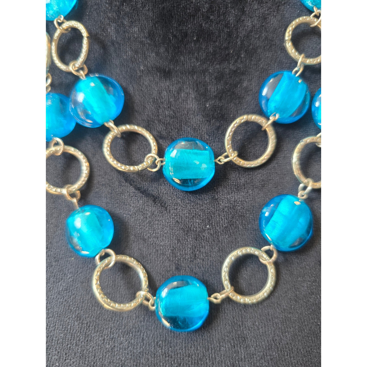 Gold Tone Turquoise Blue Beaded Circle Link Statement Necklace