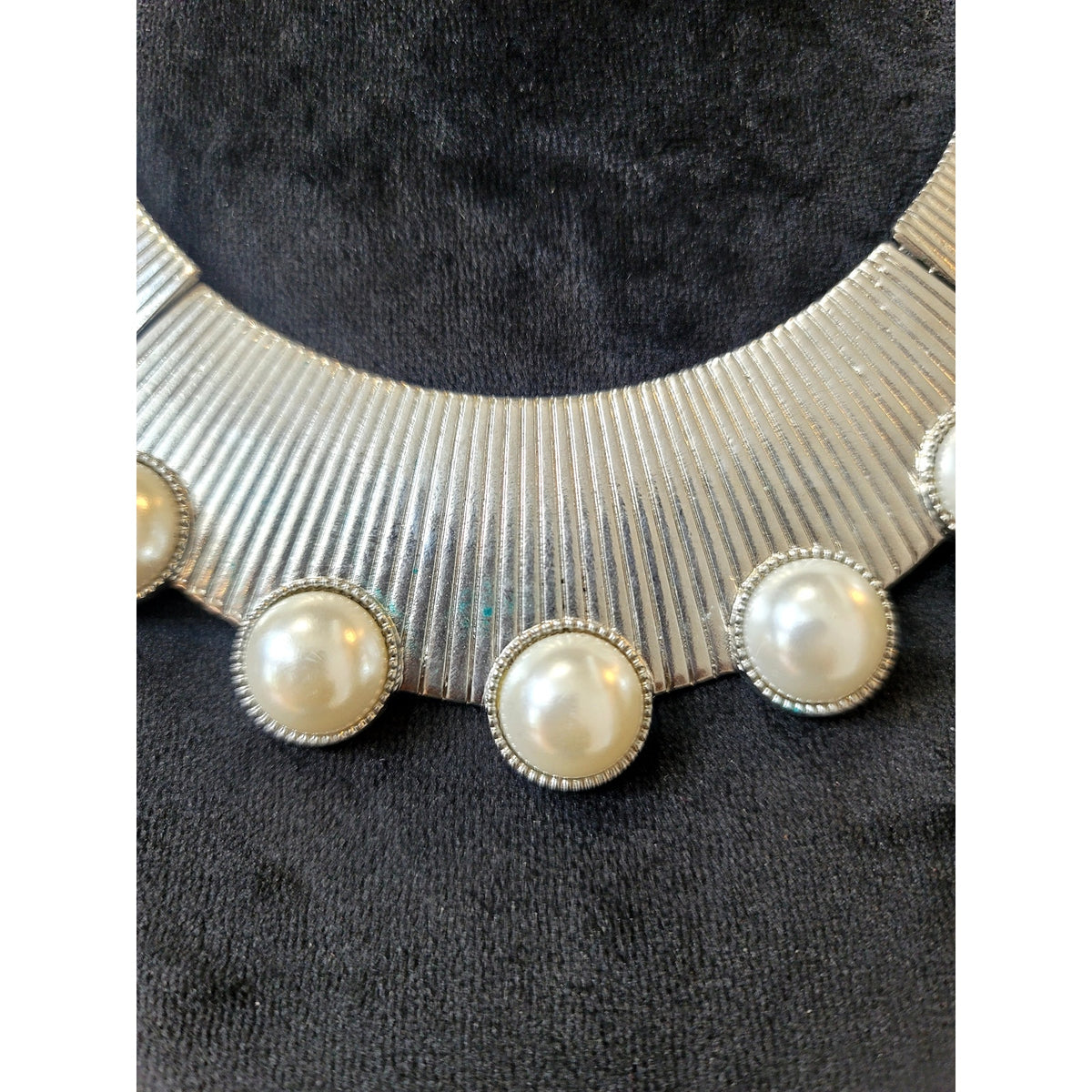 Silver Tone Pearl Cabochon Bib Statement Necklace Modern