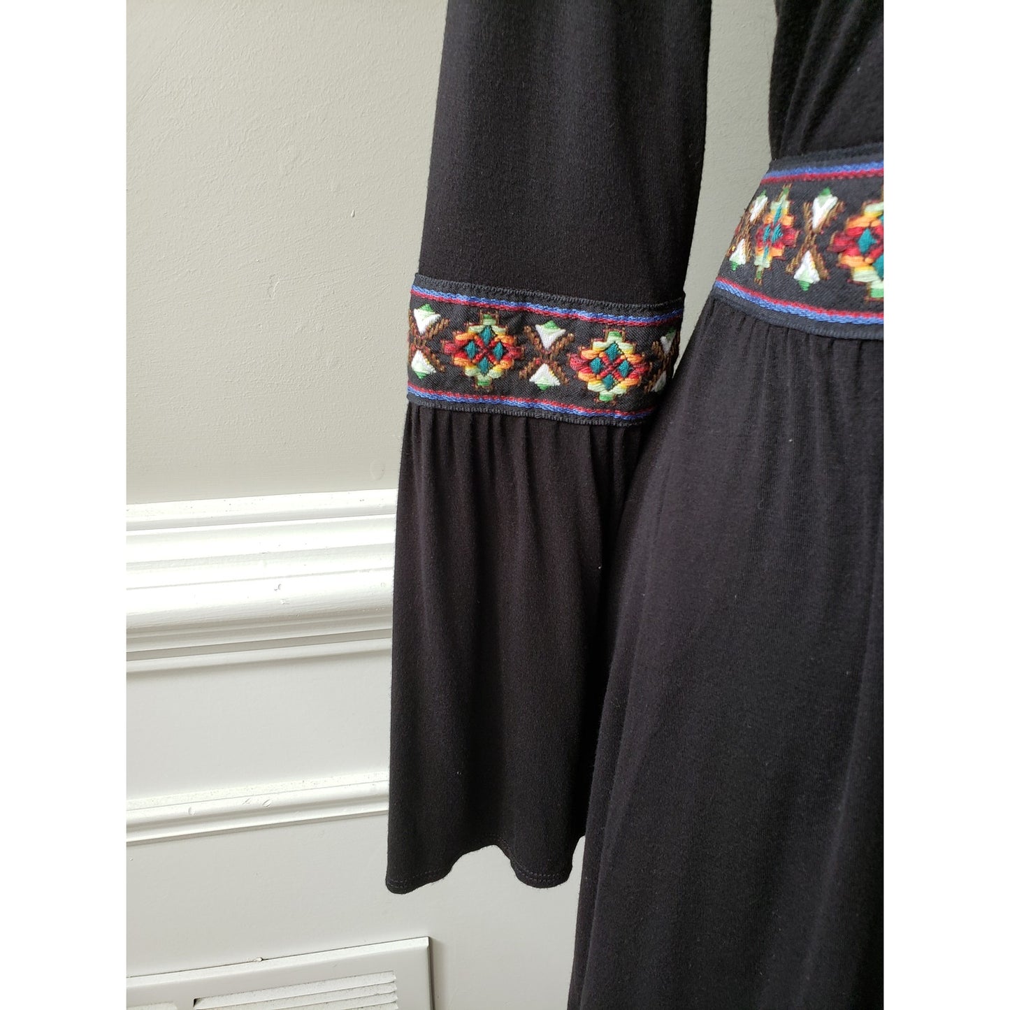 Peppermint Fit & Flare Dress Women M Black Rayon Embroidered Belted Boat Neck