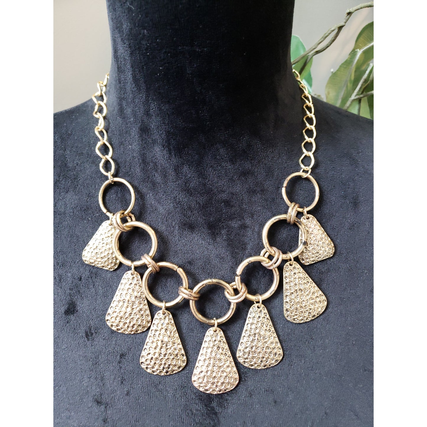 Women's Gold Tone Chunky Statement Necklace Textured Dangle Charm Circle Lock