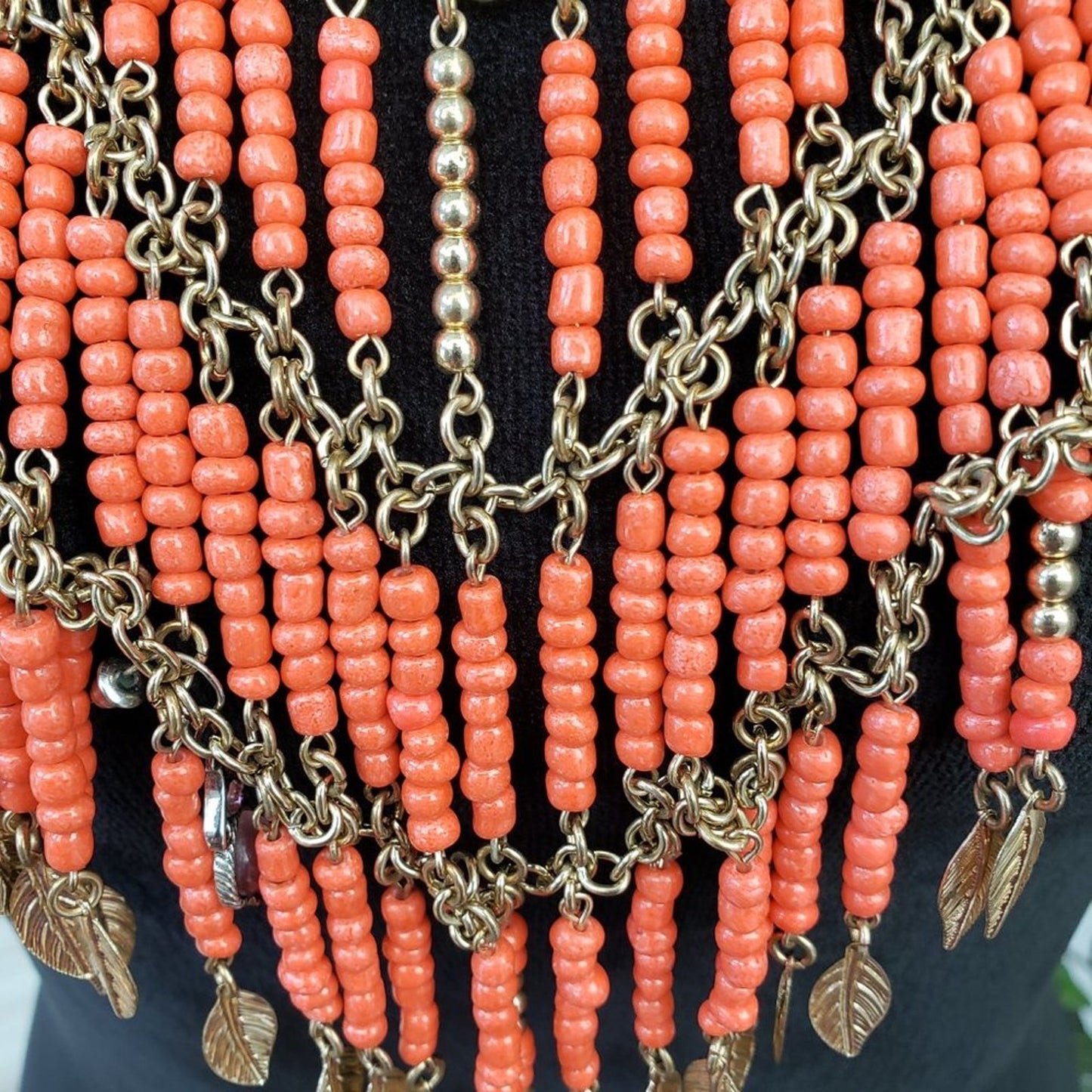 Womens Orange Tribal Beads Gold Tone Link Chain Statement Necklace Lobster Clasp