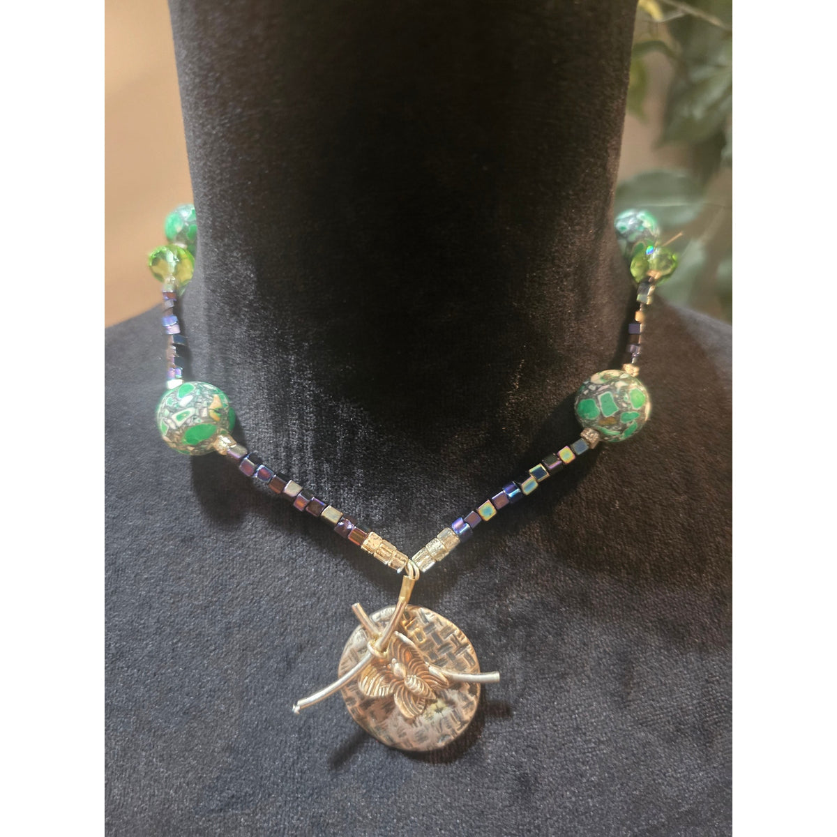 Women's Green Beaded Necklace With Silver Butterfly Pendant And Toggle Clasp
