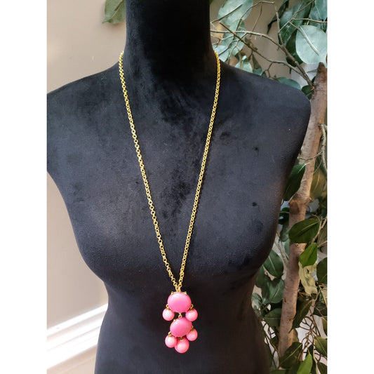 Women Fashion Gold Tone Pink Drippy Bubble Beads Prong-set Long Necklace Jewelry