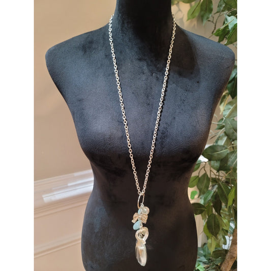 Women's Silver Clear Teardrop Pendant Necklace With Oval Lock Bow Charm