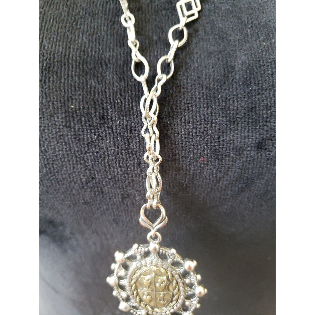Womens Antique Silver Tone Encrusted Symbols Revival Pendant Geo Chain Necklace