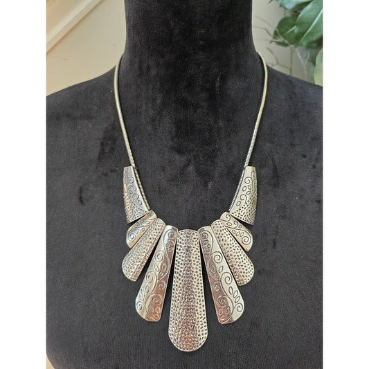Silver Scroll Tone Textured Fan Bib Statement Necklace
