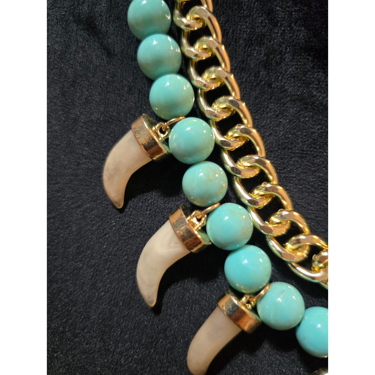 Women's Turquoise Bead Necklace Gold Chain Tusk Pendant Statement Chunky Bib