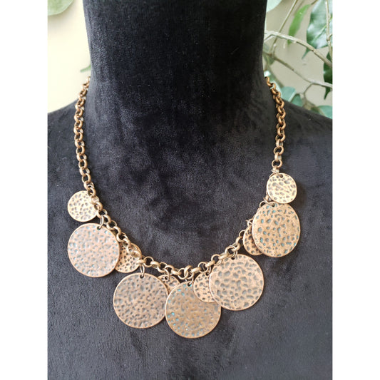 Women Fashion Copper Tone Hammered Coins Cluster Statement Necklace with Lobster