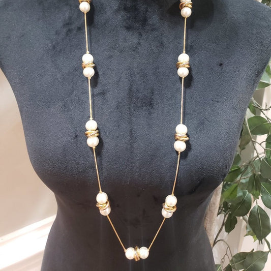 Ann Klein Womens Gold Tone White Faux Pearl Bead Chain Necklace w/ Lobster Clasp