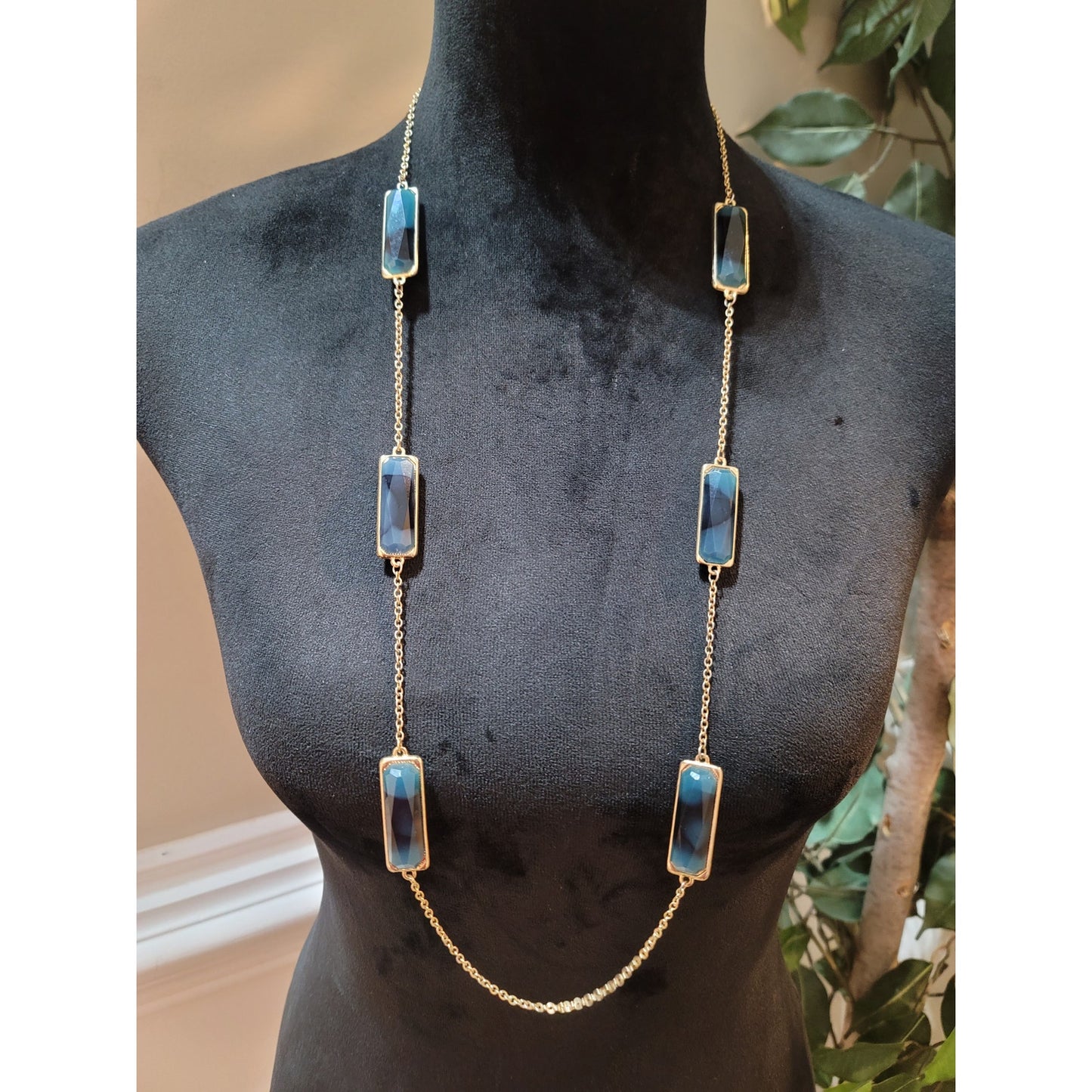 Women’s Gold Tone Long Chain Necklace With Blue Rectangular Stones Lobster Lock