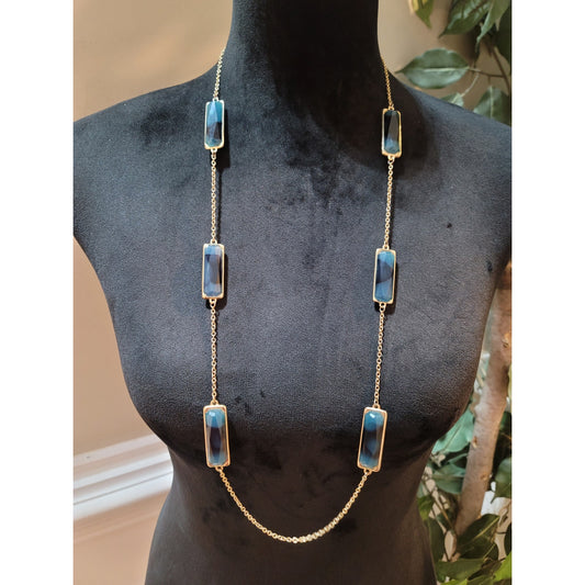 Women’s Gold Tone Long Chain Necklace With Blue Rectangular Stones Lobster Lock